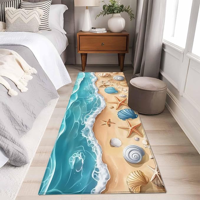Runner Rug for Bedroom Hallway, Summer Beach Shell Starfish Kitchen Runner Rugs Area Rug 2x6ft, Marine Life Cartoon Style Washable Soft Floor Carpet for Entryway Stair