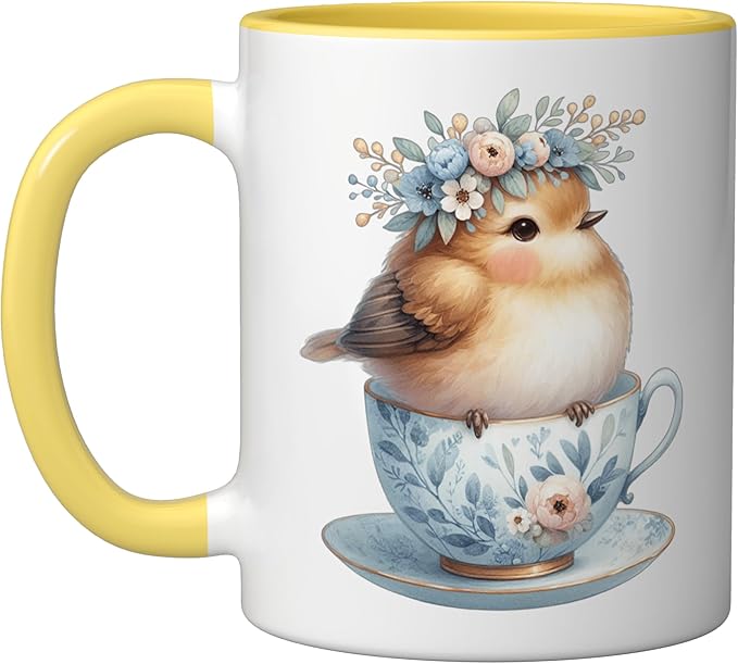 Cute Bird Floral Teacup Illustration Ceramic Mug, Yellow/White