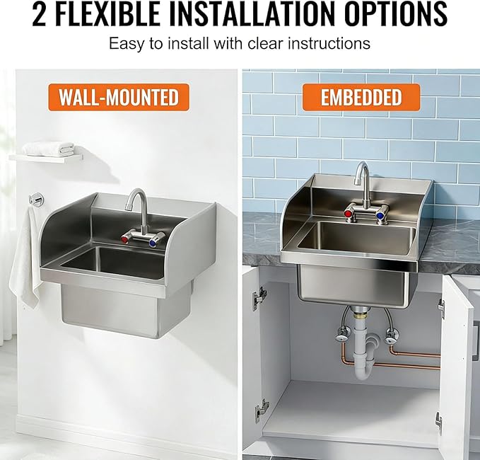 GarveeTech Commercial Stainless Steel Hand Wash Sink with Side Splash Guards, Small Wall Mount or Drop-In Handwashing Basin, 360° Swivel Faucet & Drain Kit for Restaurant Kitchen Bar Garage