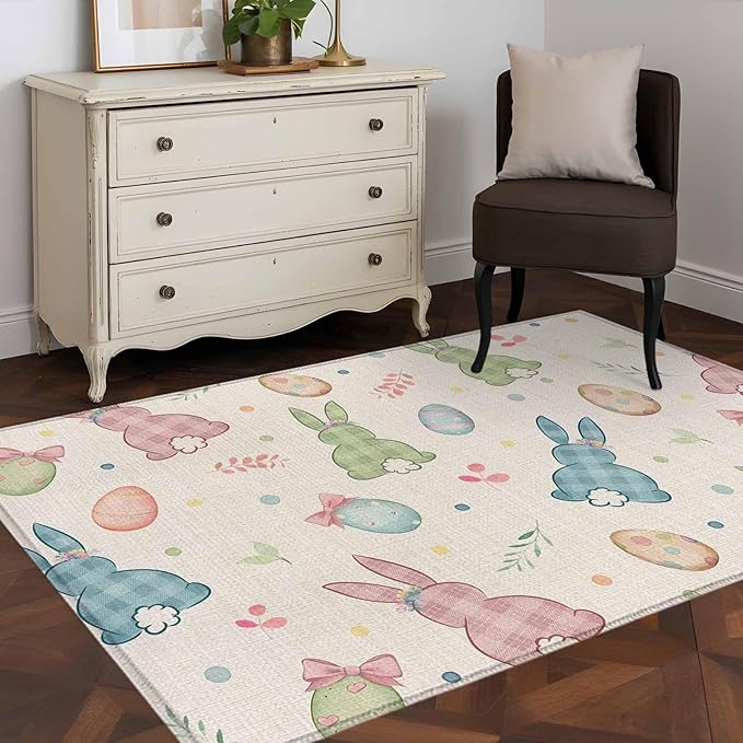Area Rug 3x5ft, Happy Easter Cute Plaid Bunny Washable Rugs for Living Room Bedroom, Colorful Egg Leaves Farm Linen Soft Non-Slip Area Rugs Rectangle Floor Carpet for Dining Room