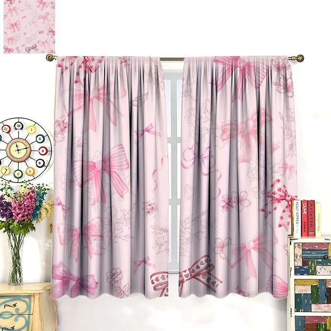 Pink Bow Blackout Curtain,Girly Kids Flower Fashion Floral Cute Bownot Modern Window Curtains for Dining Room Living Room Kitchen Cafe Bedroom Office Drapes,42x45 in