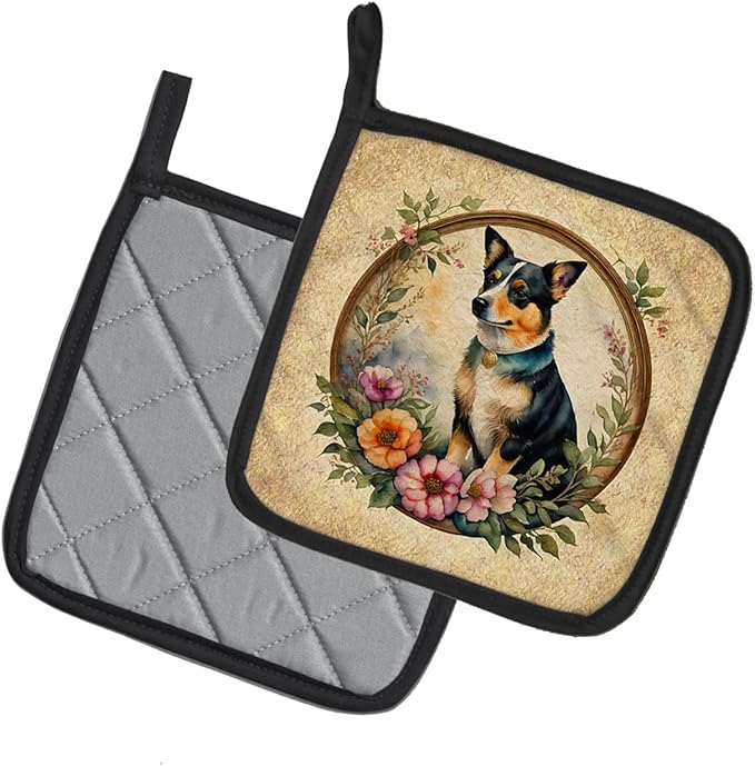 Caroline's Treasures Lancashire Heeler and Flowers Pair of Pot Holders Kitchen Heat Resistant Pot Holders Sets Oven Hot Pads for Cooking Baking BBQ, 7 1/2 x 7 1/2