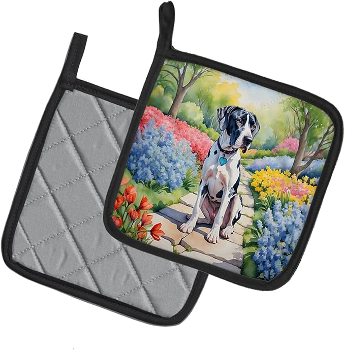Caroline's Treasures Great Dane Spring Path Pair of Pot Holders Kitchen Heat Resistant Pot Holders Sets Oven Hot Pads for Cooking Baking BBQ, 7 1/2 x 7 1/2