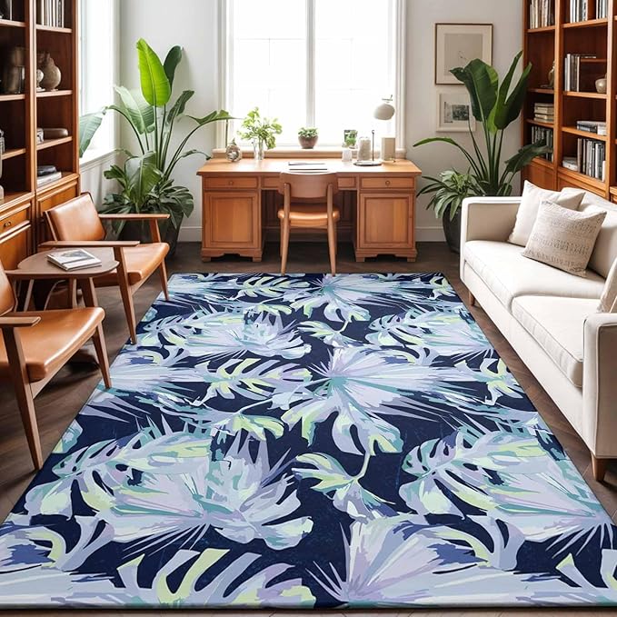 Area Rug 8x10ft, Watercolor Blue Teal Palm Leaves Washable Rugs for Living Room Bedroom, Abstract Botanical Soft Non-Slip Area Rugs Rectangle Floor Carpet for Dining Room