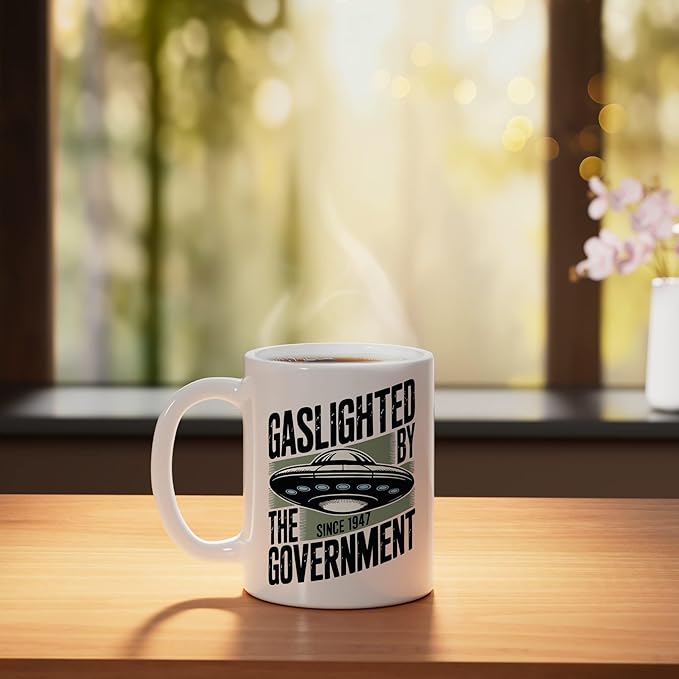 UFO Cover Up Gaslighted by the Government 1947 Ceramic Mug, White