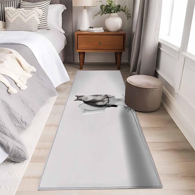 Runner Rug for Bedroom Hallway, Cute Funny Cat on The Toilet Kitchen Runner Rugs Area Rug 2x6ft, Animal Grey Art Washable Soft Floor Carpet for Entryway Stair