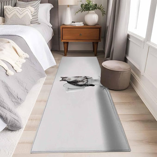 Runner Rug for Bedroom Hallway, Cute Funny Cat on The Toilet Kitchen Runner Rugs Area Rug 2x6ft, Animal Grey Art Washable Soft Floor Carpet for Entryway Stair