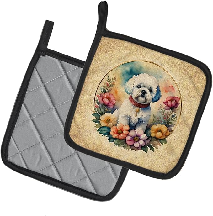 Caroline's Treasures Bichon Frise and Flowers Pair of Pot Holders Kitchen Heat Resistant Pot Holders Sets Oven Hot Pads for Cooking Baking BBQ, 7 1/2 x 7 1/2