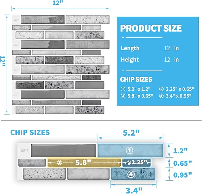 Art3d 10 Sheets Peel and Stick Brick Kitchen Backsplash Self-Adhesive Wall Tile Stone Design, Grey Marble