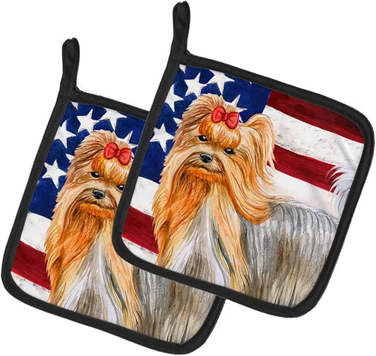Caroline's Treasures BB9685PTHD Yorkshire Terrier Patriotic Pair of Pot Holders Kitchen Heat Resistant Pot Holders Sets Oven Hot Pads for Cooking Baking BBQ, 7 1/2 x 7 1/2