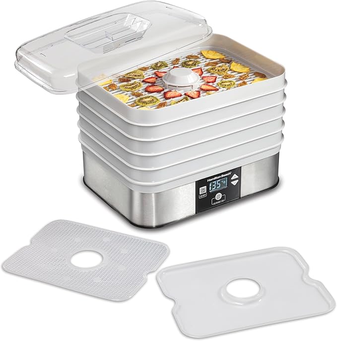 Hamilton Beach Digital Food Dehydrator for Fruit and Jerky, Vegetables and More, 5 Trays, Adjustable Temperature, 48 Hour Timer + Auto Shutoff, Grey (32100A)