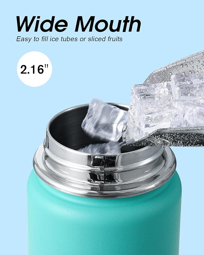 Coolflask Water Bottle 24 oz Insulated with Straw, Stainless Steel Metal 3 Lids Water Flask Wide Mouth for Sports or Office, Non-BPA Keep Cold Up to 48 Hrs or Hot Up to 24 Hrs, Pacific Prince