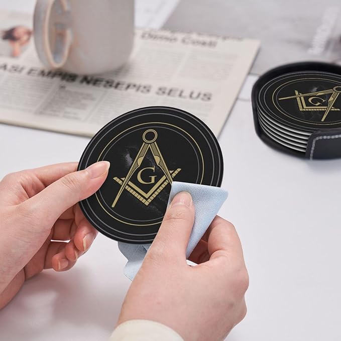Masonic Freemason Black Leather Drinks Coasters with Holder, Set of 6, Suitable for Various Cups