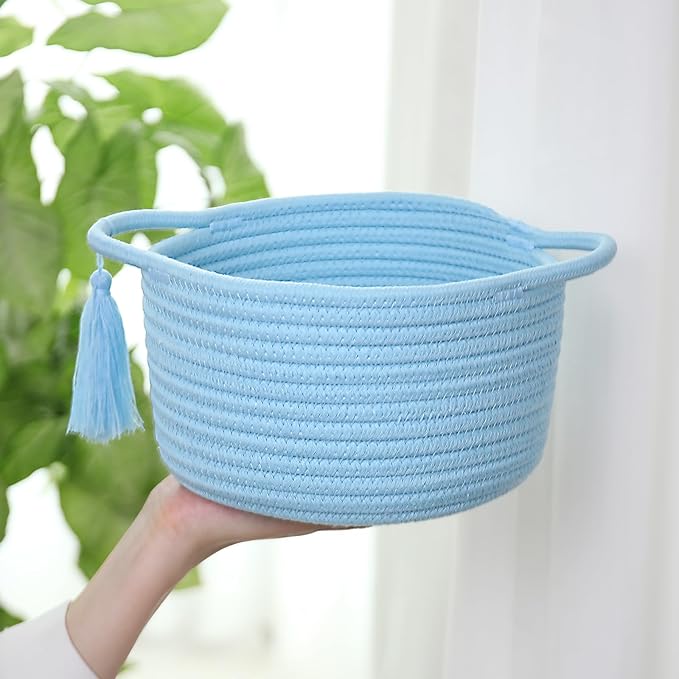Small Gift Baskets Empty to Fill, Little Cute Soft Woven Rope Bin, Mini Basket for Teen Girl Gifting, Desk Makeup, Pre-Shaped with Gifting Bags Ribbon, Set of 2, Light Blue