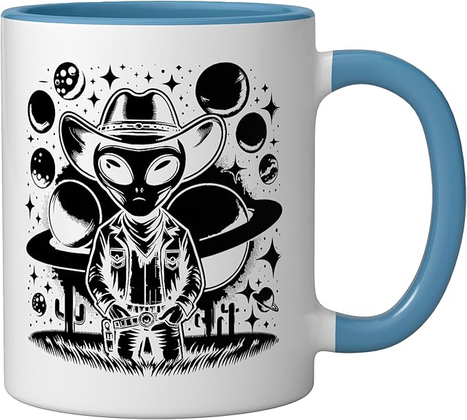 Alien Lover Flying Saucer UFO Extraterrestrial Cowboy Ceramic Mug, Blue/White