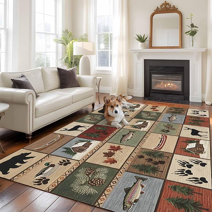 Area Rug 6x9ft, Vintage Bear Forest Deer Fish Village Washable Rugs for Living Room Bedroom, Retro Wildlife Themes Soft Non-Slip Area Rugs Rectangle Floor Carpet for Dining Room