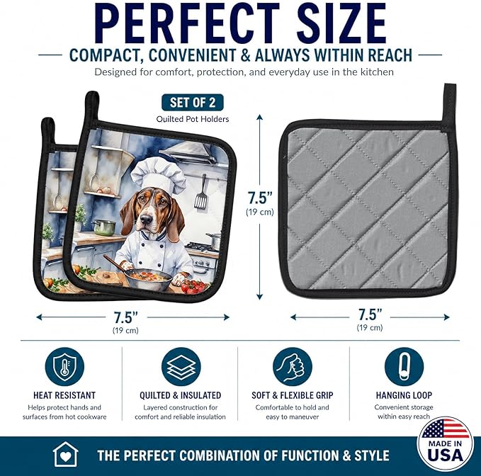 Caroline's Treasures American English Coonhound The Chef Pair of Pot Holders Kitchen Heat Resistant Pot Holders Sets Oven Hot Pads for Cooking Baking BBQ, 7 1/2 x 7 1/2