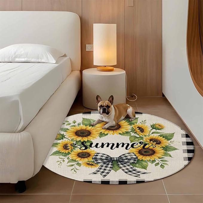 Washable Round Area Rug Summer Words Farm Sunflowers Circle Rugs Floor Carpet for Living Room Bedroom, Butterflies Country Floral Soft Non Slip Round Rug 4ft