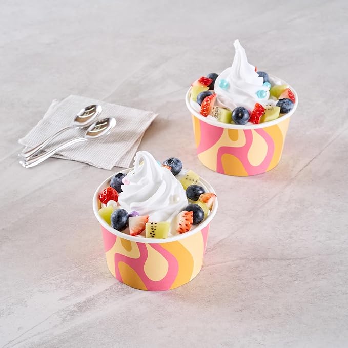 Coppetta 8 Ounce Dessert Cups, 50 Greaseproof Ice Cream Cups - Lids Sold Separately, For Hot And Cold Foods, Tropical Twist Paper Yogurt Bowls, Disposable, Sturdy - Restaurantware
