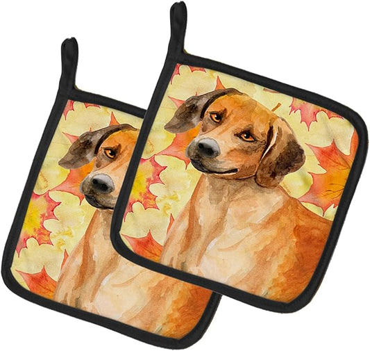 Caroline's Treasures BB9937PTHD Rhodesian Ridgeback Fall Pair of Pot Holders, Yellow Kitchen Heat Resistant Pot Holders Sets Oven Hot Pads for Cooking Baking BBQ, 7 1/2 x 7 1/2