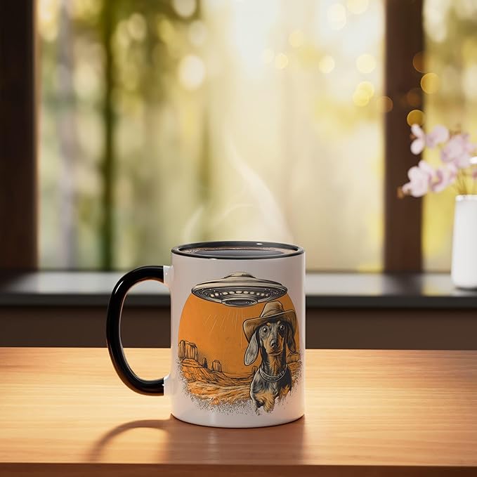 Retro Western UFO Dachshund Cowboy Alien Sci Fi Desert Ceramic Mug, Black/White
