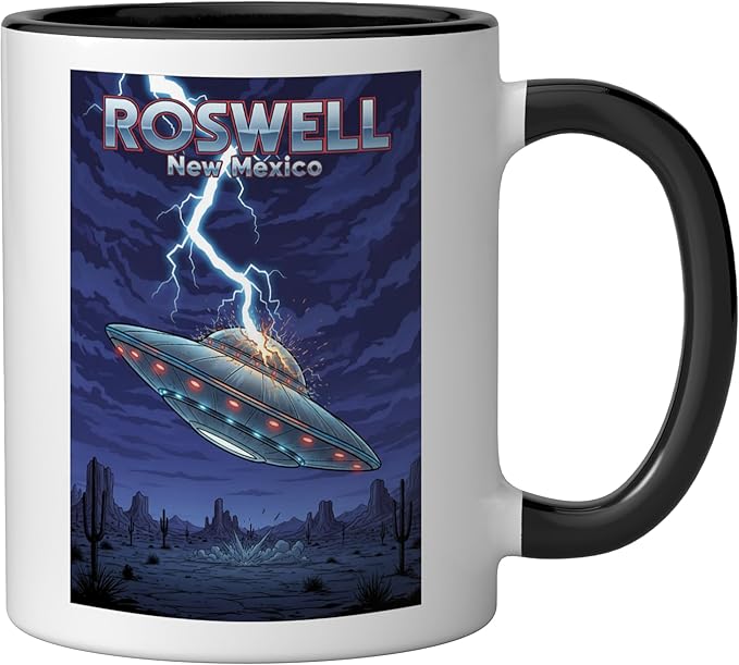 Roswell UFO Flying Saucer New Mexico Souvenir Lightning Ceramic Mug, Black/White