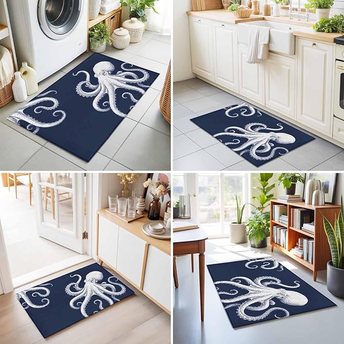 Area Rug 2x3ft, Underwater Ocean Giant Octopus Washable Rugs for Living Room Bedroom, Navy Blue White Marine Life Soft Non-Slip Area Rugs Rectangle Floor Carpet for Dining Room