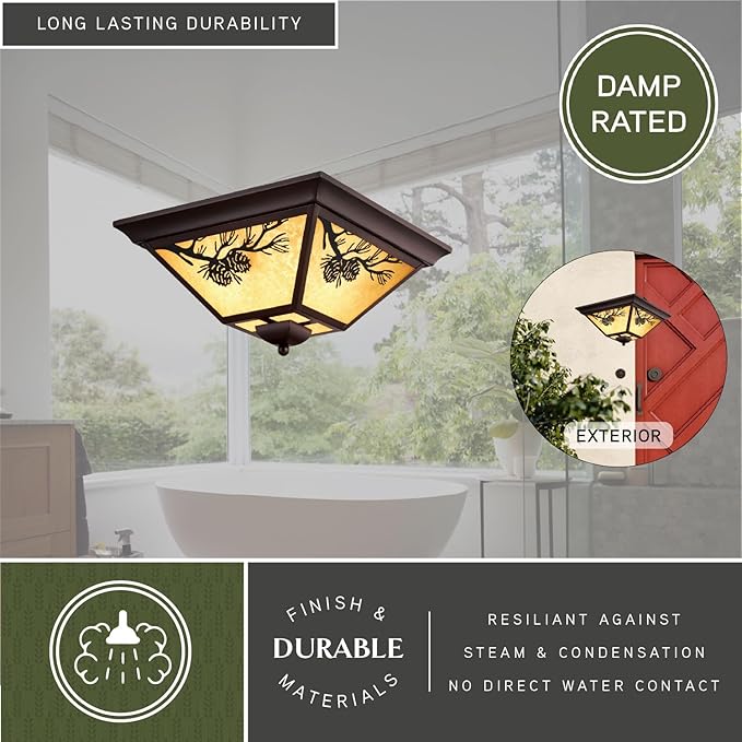 VAXCEL Douglas Warm Bronze Rustic Outdoor Flush Mount Ceiling Light Pine Cone Motif Amber Glass