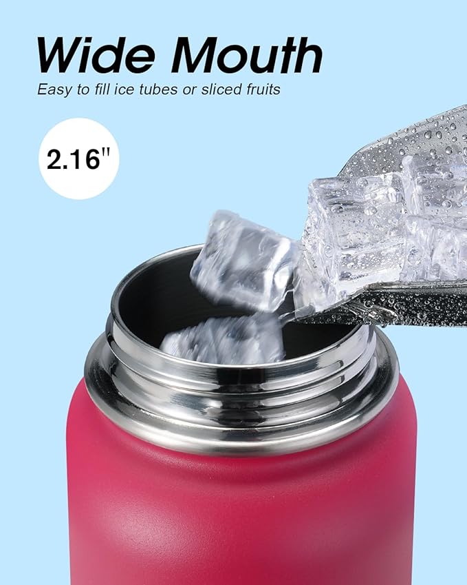 Coolflask Water Bottle 24 oz Insulated with Straw, Stainless Steel Metal 3 Lids Water Flask Wide Mouth for Sports or Office, Non-BPA Keep Cold Up to 48 Hrs or Hot Up to 24 Hrs, Ombre Wine/Navy