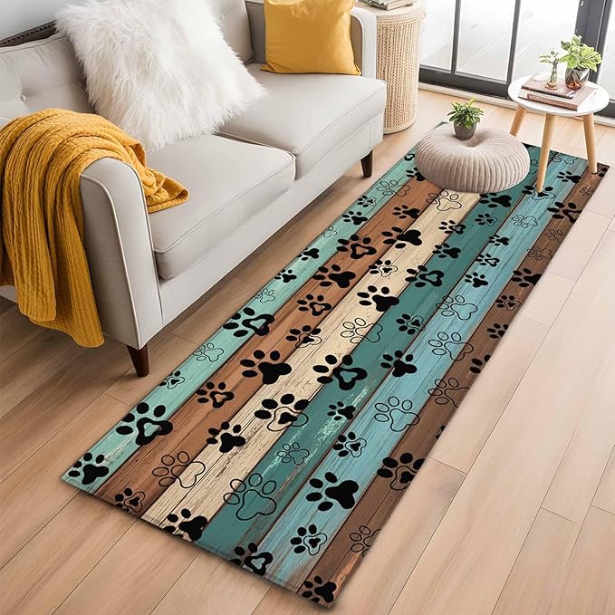 Runner Rug for Bedroom Hallway, Farm Brown Wood Board Kitchen Runner Rugs Area Rug 2x6ft, Dog Paw Print Animal Footprint Washable Soft Floor Carpet for Entryway Stair
