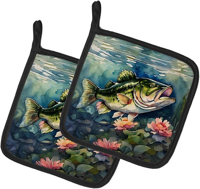 Caroline's Treasures Largemouth Bass Pair of Pot Holders Kitchen Heat Resistant Pot Holders Sets Oven Hot Pads for Cooking Baking BBQ, 7 1/2 x 7 1/2