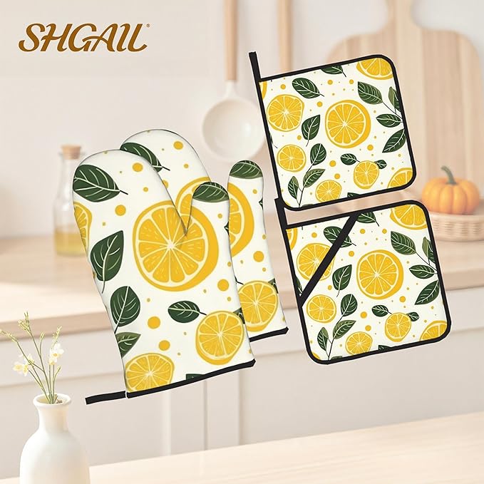 Yellow Lemon Oven Mitts and Heat Resistant Pads - Heat Resistant Gloves Potholder Set of 4 for Cooking, BBQ, Gifts for Women