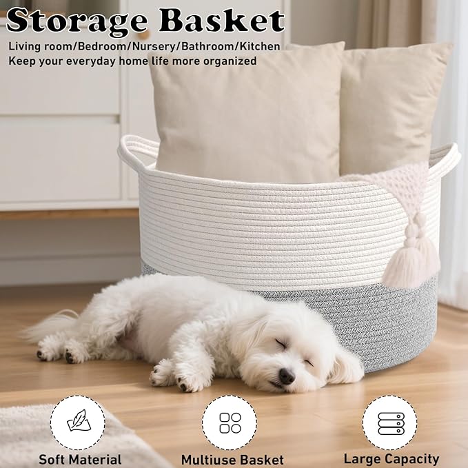 65L Large Blanket Basket,Woven Rope Laundry Basket Hamper with Handles,Decorative Nursery Basket Storage Bin for Toys, Pillows , Clothes Organizer, Living Room, Bedroom, Bathroom, White&Grey