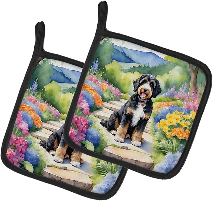 Caroline's Treasures Bernedoodle Spring Path Pair of Pot Holders Kitchen Heat Resistant Pot Holders Sets Oven Hot Pads for Cooking Baking BBQ, 7 1/2 x 7 1/2
