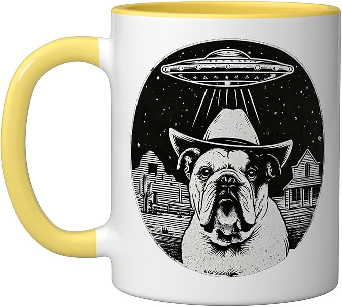 Retro UFO Cowboy Bulldog Western Sci Fi Alien Ceramic Mug, Yellow/White