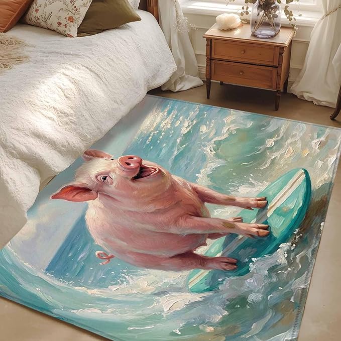 Area Rug 3x5ft, Surfing Farm Pink Pig Washable Rugs for Living Room Bedroom, Summer Blue Sea Wave Beach Soft Non-Slip Area Rugs Rectangle Floor Carpet for Dining Room