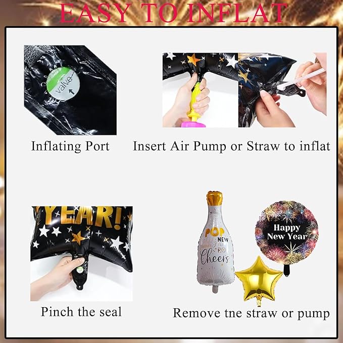 New Year Decorations 2026, Happy New Years Supplies 2026 Balloons Decoration Kit with Balloon Happy New Year Banner Foil Balloons Fringe Curtain for NYE Backdrop Decorations
