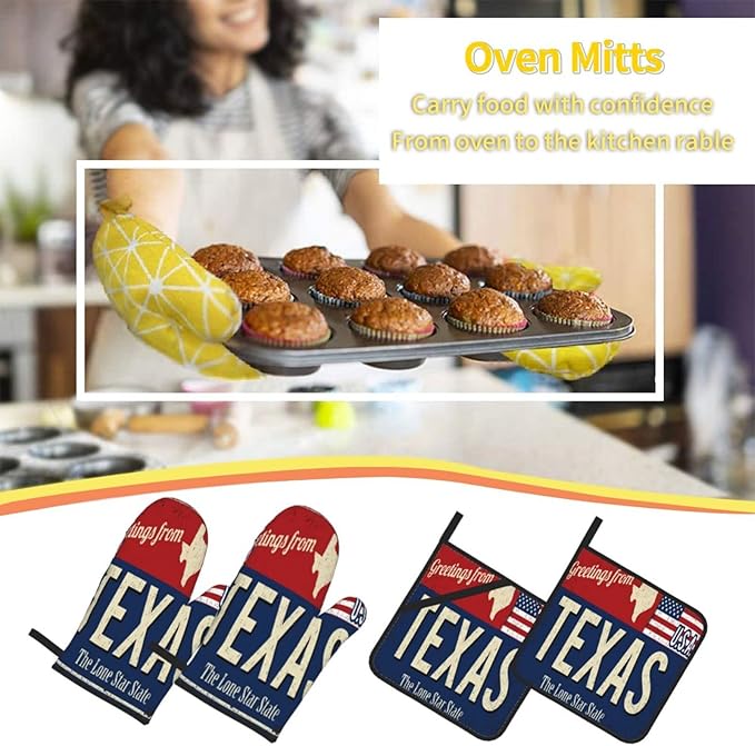 Oven Mitts and Pot Holders Sets of 4,Texas Lone Star State Retro US,Oven Mitts Heat Resistant Oven Gloves Set Potholders for Kitchen Baking Grilling