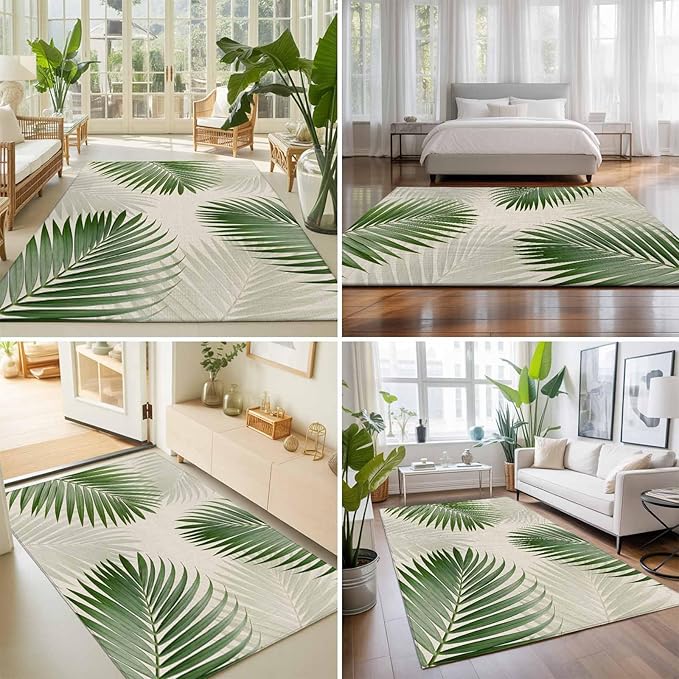 Area Rug 4x6ft, Rustic Sage Green Palm Leaves on Linen Washable Rugs for Living Room Bedroom, Summer Plants Soft Non-Slip Area Rugs Rectangle Floor Carpet for Dining Room