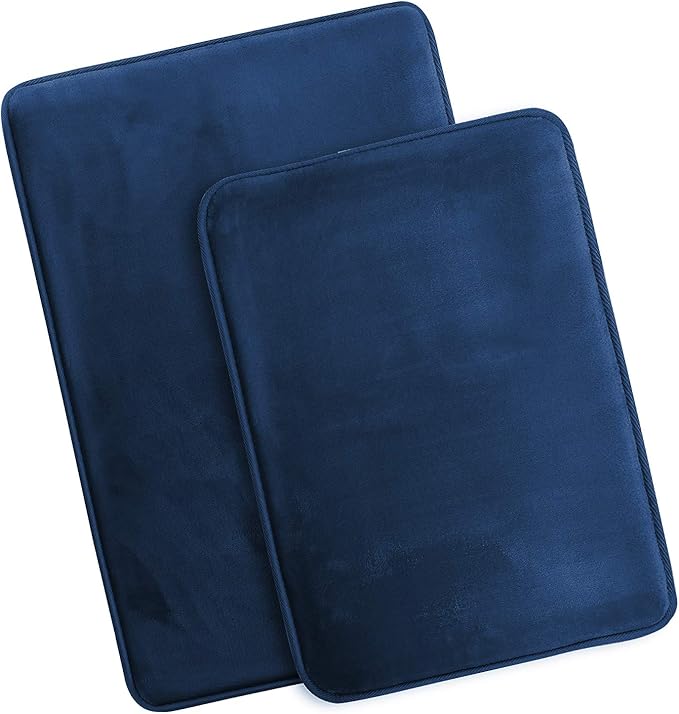 Clara Clark 2 Piece Bathroom Rugs Bath Mat Set, Velvet Memory Foam Bath Mats for Bathroom - Non-Slip, PVC Backing Bath Rugs, Washable - Dries Quickly, Blue