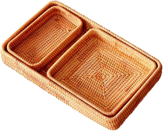 i-lan Set of 3 15" Rattan Woven Serving Tray Basket,Original Color Wicker Coffee Table Décor Serving Tray Country Style, Handmade Display Basket for Entryway Kitchen Bathroom Counter
