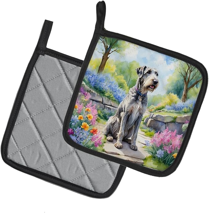 Caroline's Treasures Irish Wolfhound Spring Path Pair of Pot Holders Kitchen Heat Resistant Pot Holders Sets Oven Hot Pads for Cooking Baking BBQ, 7 1/2 x 7 1/2