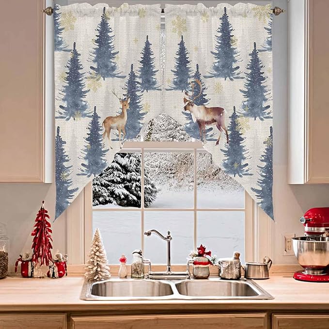 Christmas Deer Swag Valance Curains Elk in Forest Blue Trees Snowflake Linen Sole Rod Pocket Kitchen Curtains Scalloped Window Treatment Valances Swag for Living Room Bedroom, 1 Pair, 36"W x 45"L