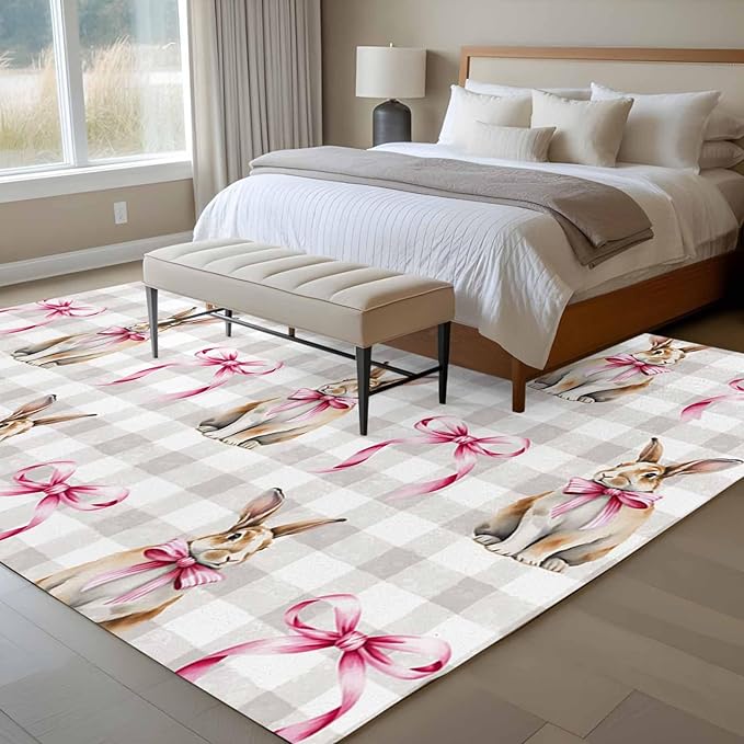 Area Rug 6x9ft, Easter Rabbit Pink Bow Washable Rugs for Living Room Bedroom, Seamless Bunny Gray Buffalo Plaid Soft Non-Slip Area Rugs Rectangle Floor Carpet for Dining Room