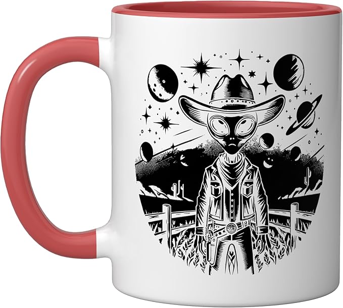 Alien Lover Flying Saucer UFO Extraterrestrial Cowboy Ceramic Mug, Red/White