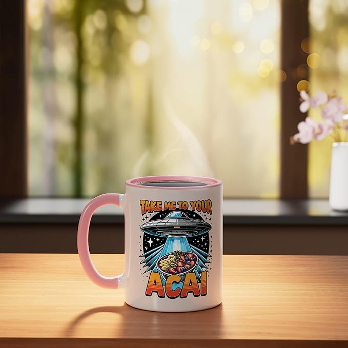 Take Me to Your Acai UFO Abduction Berry Fruit Funny Acai Ceramic Mug, Pink/White