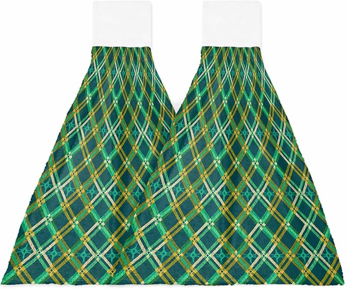Alandar Home Kitchen Tie Towel Set of 2, Green Tartan Vintage Plaid Absorbent Soft Hand Towels for Bathroom Hanging Towels, Abstract Geometric Seamless Fast Drying Cleaning Cloth with Loop
