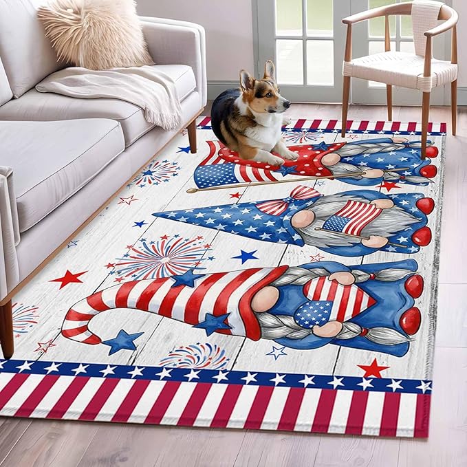 Area Rug 3x5ft, Independence Day USA Flag Star Dwarf Washable Rugs for Living Room Bedroom, Stripes on Wood Grain Soft Non-Slip Area Rugs Rectangle Floor Carpet for Dining Room