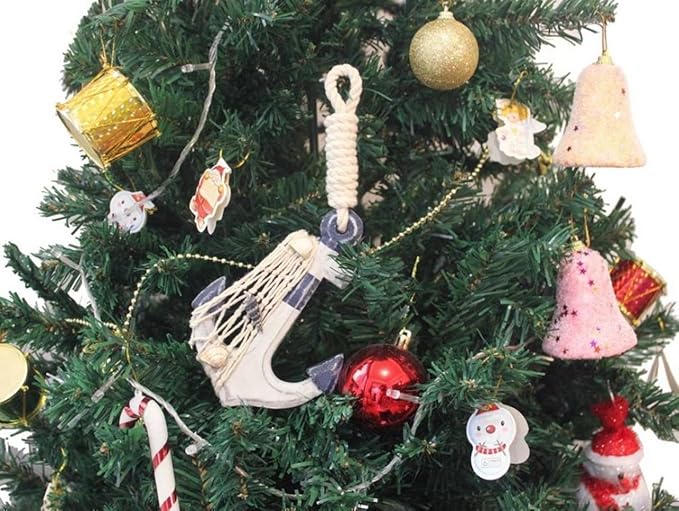 Hampton Nautical Anchor-301-XMASS Wooden Rustic Decorative Blue & White Anchor Christmas Tree Ornament - Nautical Tree Decoration