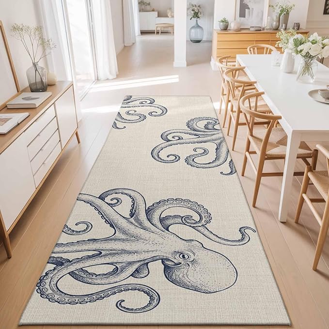 Runner Rug for Bedroom Hallway, Marine Octopus Sea Monster Kitchen Runner Rugs Area Rug 2x6ft, Farmhouse Ocean Life on Linen Washable Soft Floor Carpet for Entryway Stair
